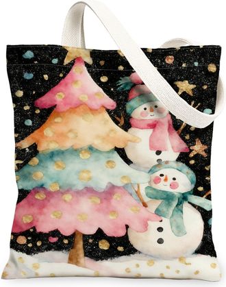 Generic Christmas Snow Man Canvas Tote Bags, Colorful Tree Pattern Reusable Grocery Bags, Vintage Lightweight Washable Shoulder Str, Black, 13x15 Inch