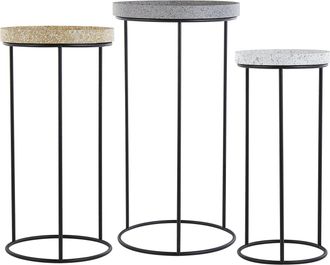 Beliani Beliani - Juego De 3 Mesas Auxiliares Estructura De Metal Negro Base Calada Efecto M&aacute;rmol Tapa Gris Beige Blanca Texon