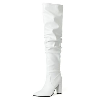 Generic Womens Fashion Pleated Wide Calf Pull On Over The Knee Thigh High Riding Boots Pointed Toe Block High Heel Pumps Shoes (White,5.5)