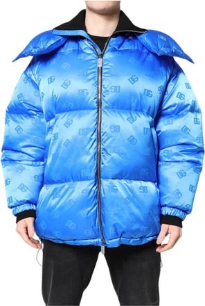 Dolce & Gabbana Blauwe Gewatteerde Hoodie met Logo - Heren - Winterjassen - Blauw - S - Polyester - Jassen
