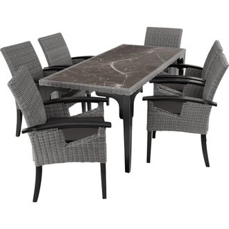 TecTake Mesa de bar de rat&aacute;n con 6 sillas y estructura de madera gris