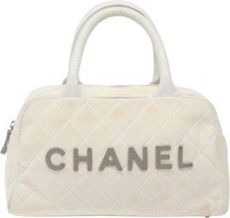 Chanel Vintage Logo Bowler Bag Quilted Canvas White Canvas Handbag (Pre-Owned)