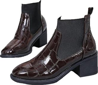 Generic Womens Mid-Heel Leather Boots, Patent Leather Chunky Heels Booties, Orthopaedic Platform Non-Slip Ankle Boots with Elastic Panels (Brown,3.5)