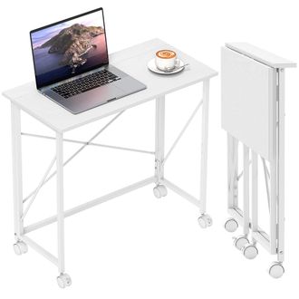 HOMCOM Folding Desk on Wheels - Writing Table for Home Office - White | TJ Hughes
