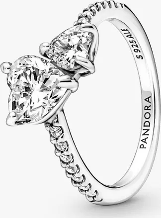 Pandora Double Heart Sterling Silver Sparkling Ring, Size 56