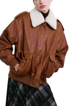 Mango Faux Leather Jacket with Removable Faux Shearling Collar in Brown at Nordstrom, Size X-Small