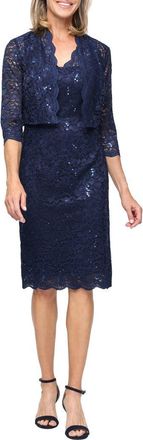 S.L. Fashions Sequin Stretch Lace Sheath Sleeveless Dress with Jacket in Navy at Nordstrom, Size 10