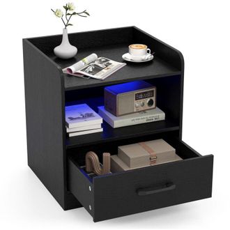 Costway Comodino a 3 Livelli, Tavolino da Notte con Mensola Aperta e Cassetto Estraibile, Tavolino da Salotto con Luce, Telecomando, 44,5 x 40 x 50