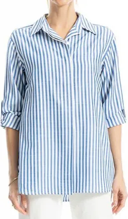 Max Studio Stripe Oversize Long Sleeve Button-Up Tunic in Off White/Denim Bold Stripe at Nordstrom Rack, Size Small
