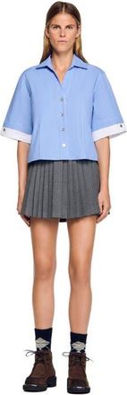 Sandro Cropped small-check shirt in Ciel /Blanc at Nordstrom, Size X-Small