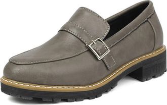 Generic Womens Platform Mid Heel Loafers Faux Leather Slip-On Shoes with Buckle and Metal Chain Detail Round Toe Casual and Office Shoes,Grey,6.5 UK