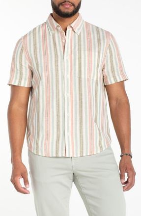Liverpool L.A. Stripe Short Sleeve Slub Linen & Cotton Button-Down Shirt in Clay/Sage at Nordstrom, Size X-Large