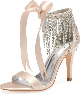 Generic Heels Wedding Bridal Shoes Women Open Toe Stiletto High Heeled Sandals for Prom, Party, Daily 10.5Cm,Champagne,3 UK