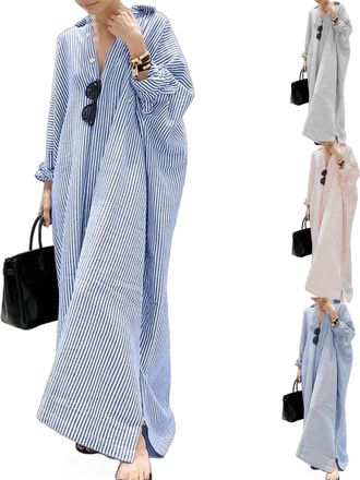 Generic Womens Striped Long Sleeve Dress, Button Down Loose Striped Cotton Maxi Shirt Dress,V Neck Summer Maxi Shirt Dressing (Blue,5XL)
