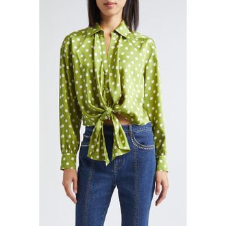 Cinq &agrave; Sept Camille Polka Dot Marianna Tie Front Top in Pickle/Ivory at Nordstrom, Size X-Small