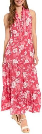 London Times Ruffle Neck Smocked Waist Maxi Dress in Red/White at Nordstrom Rack, Size 10