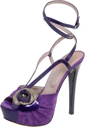 Versace Purple Suede And Patent Leather Platform Ankle Strap Sandals