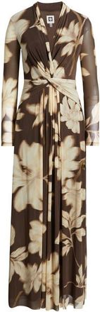 Anne Klein Floral Print Twist Front Long Sleeve Maxi Dress in Molasses Multi at Nordstrom, Size X-Large P