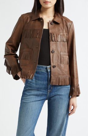 Nili Lotan Lazare Fringe Detail Leather Jacket in Dark Brown at Nordstrom, Size X-Small