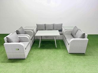 Fimous Outdoor Rectangular Table Sofa Set with Reclining Chair 2 Side Tables in Light Grey