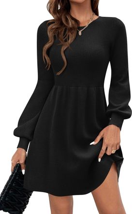 Zeagoo Womens Jumper Dress Round Neck Long Sleeve Knitted Dresses Autumn Sweater Dress Solid A-Line Casual Dresses Black XL