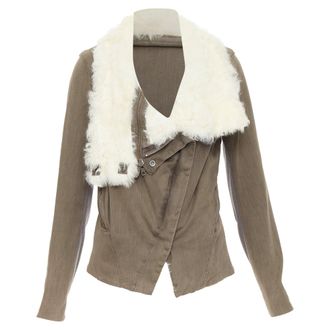 Helmut Lang cream lambskin fur collar brown cotton blend flare jacket M