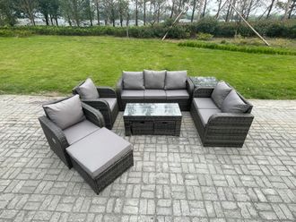 Fimous 10 Seater Outdoor Rattan Garden Furniture Set Rattan Lounge Sofa Set with Rectangular Coffee Table Side Table 3 Footstools Dark Grey Mixed