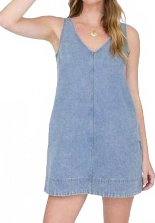 Blu Pepper Washed Denim V Neck Sleeveless Mini Dress In Light Blue