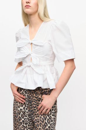 Ganni White Washed Stretch Cotton Tie Strap Blouse - Size 32 Organic