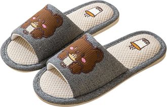 Generic Mens Womens Slippers Open Toe Slip-On Cute Embroidered House Indoor Slippers Linen Cotton Non-Slip Soft Casual Footwear Shoes Lightweight Comfortable 