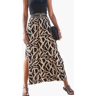 Lascana Womens Side Slit Maxi Skirt in Black & Taupe at Nordstrom, Size 14