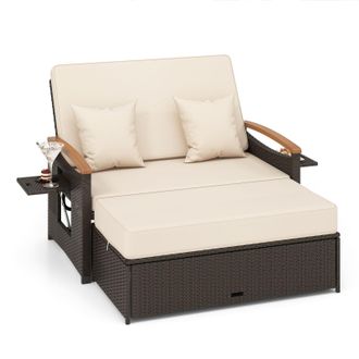 Costway Costway Outdoor Wicker Daybed Rattan Woven Loveseat with Folding Panels & Storage Ottoman in Brown