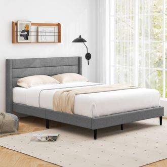 Costway Costway Double Bed Frame Linen Upholstered Platform Bed w/Headboard in Grey