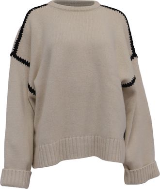 Toteme Knitted Embroidered Drop Shoulder Sweater in Cream Wool