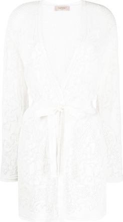 Twin-Set pointelle-knit belted cardi-coat - women - Viscose/Polyamide - M - Neutrals