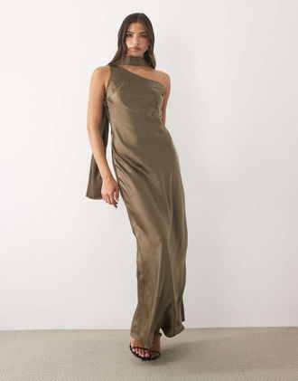 Tfnc vestito maxi monospalla in raso con sciarpa color oliva-Verde
