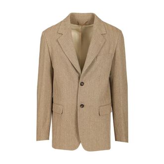Golden Goose Jassen, Heren, Beige, M, Linnen, Single-Breasted Chevron Linnenmix Blazer