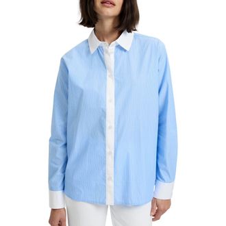French Connection Ticking Stripe Cotton Poplin Button-Up Shirt in Blue Hydrangea Summer at Nordstrom, Size X-Small
