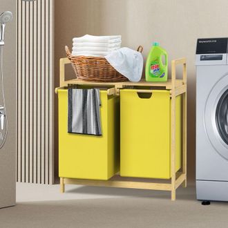 ML Design Ml-design - Cesto Para La Colada De Bamb&uacute; Amarillo Caja Para La Ropa Sucia Con 2 Compartimentos Recogedor Con 2 Bolsas Extensibles 60 L Cubo Con Estan