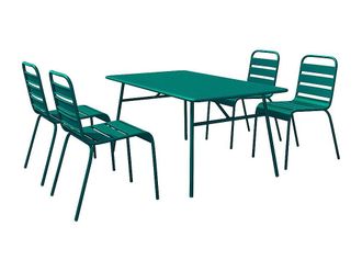 Vente-Unique Conjunto de comedor de jard&iacute;n de metal - una mesa L.160 cm y 4 sillas apilables - Azul verdoso - MIRMANDE de MYLIA