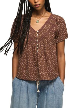 Lucky Brand Lace Henley Peasant Top in Brown Floral at Nordstrom, Size Xx-Large