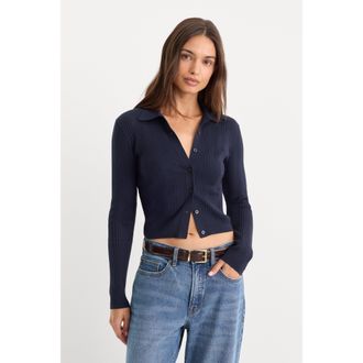 Good American Womens The Ladder Rib Cardigan | Midnight Blue, Size Medium | Good American by Khlo&Egrave; Kardashian