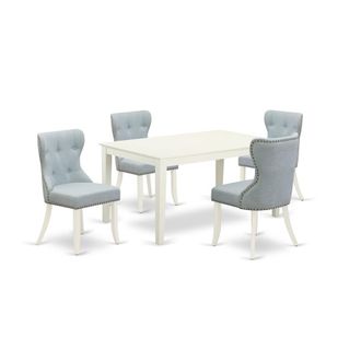 East West Furniture A dining room table set of 4 amazing kitchen dining chairs with Linen Fabric Baby Blue color and a beautiful mid-century dining table