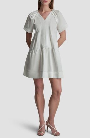 DKNY Topstitch Detail Stretch Cotton Tiered Minidress in White at Nordstrom, Size X-Small