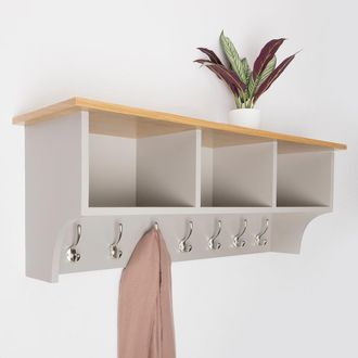 Charles Bentley Charnwood Floating Storage Shelf with Metal Hooks & Three Storage Cubbies in Beige