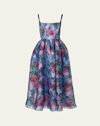 Carolina Herrera Hydrangea-Print Silk Organza Fit-and-Flare Midi Dress