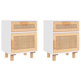 Berkfield Home Bedside Cabinets 2 pcs White Solid Wood Pine & Natural Rattan