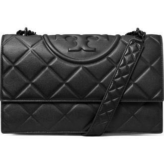 Tory Burch Fleming Convertible Quilted Leather Shoulder Bag in Black/Black at Nordstrom