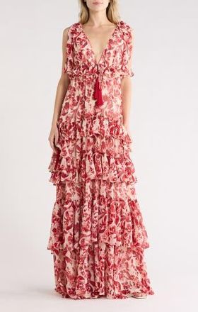 Cinq &agrave; Sept Omelia Floral Flutter Sleeve Tiered Chiffon Gown in Cherry Rose Multi at Nordstrom Rack, Size 00