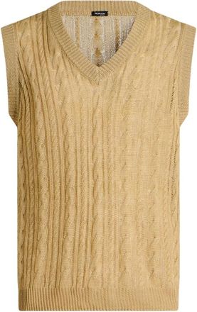 Kiton Pure Linen Cable Knit V-Neck Sweater - Heren - V-hals truien - Geel - XL - Linnen - Truien & Vesten